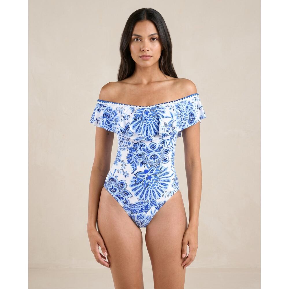 La Blanca Beyond Floral Off Shoulder Ruffle One Piece Swimsuit Blue & White Sz 6